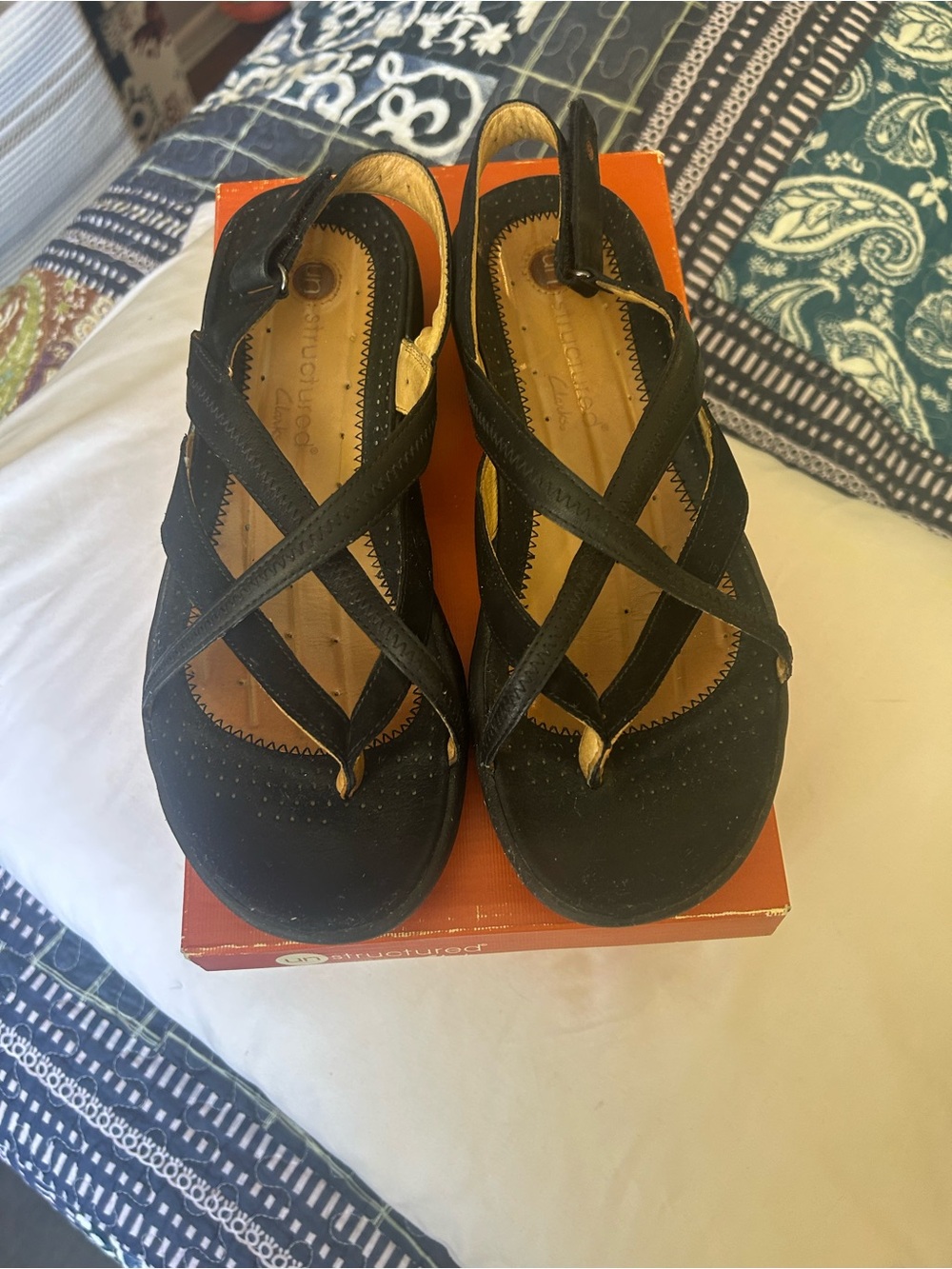 Clark’s Unstructured Black Leather Slingback Sandals, sz 9